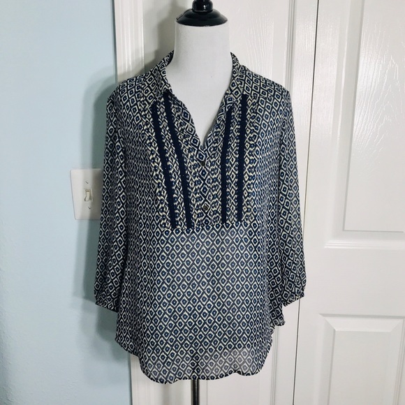 Lucky Brand Sheer Navy Blue & Cream Boho Peasant Top Size Small - Picture 1 of 7